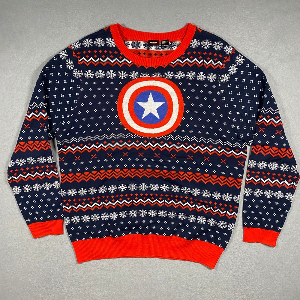 Marvel Sweater Men XXL Blue Captain America Shield‎ Fair Isle Holiday Knit